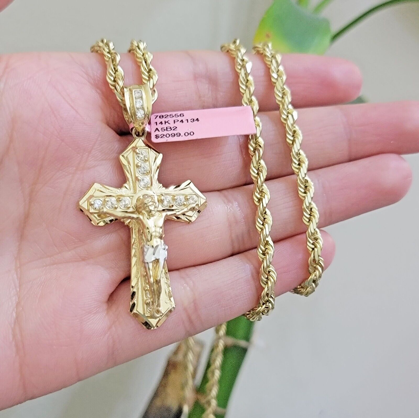 REAL 14k Gold Rope Necklace Cross Charm Pendant SET SOLID 4mm 28 Inch Chain Mens